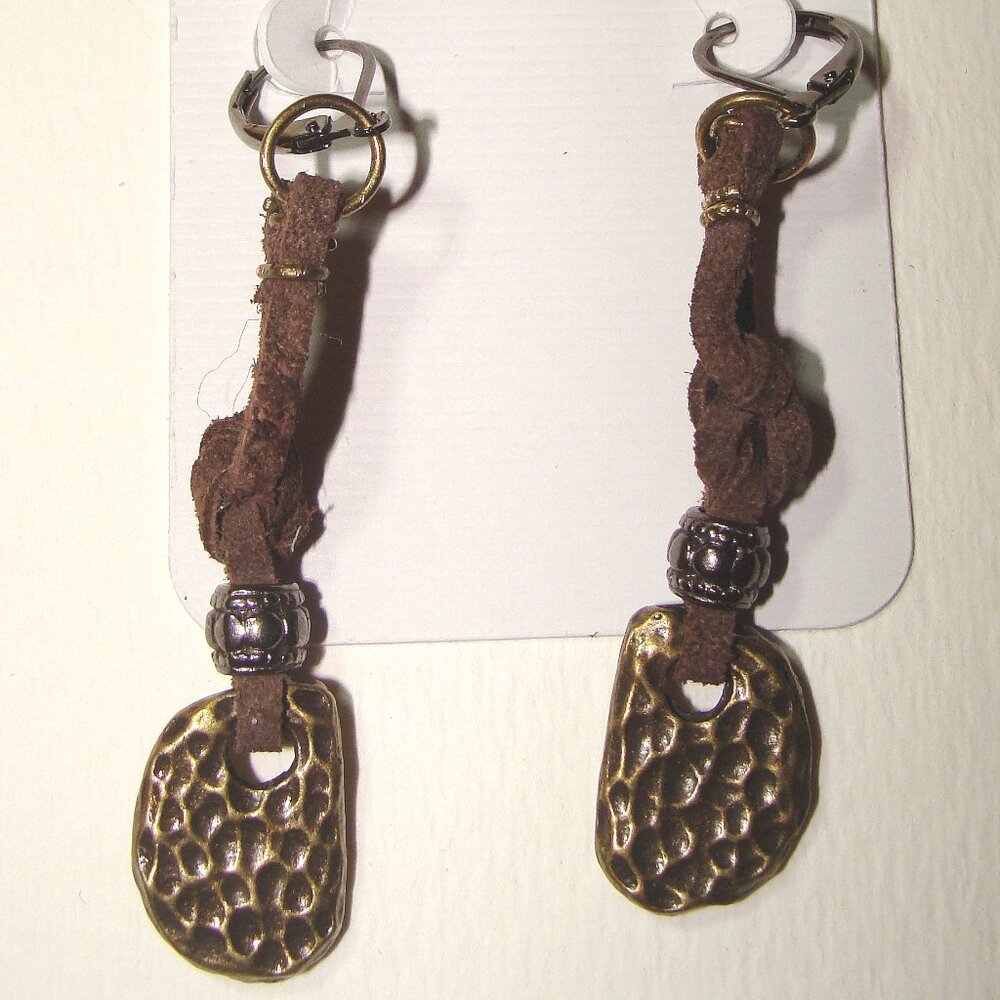 Custom Jewelry, Bronze Textured Dangle with Brown Suede & Silver Bead Accent